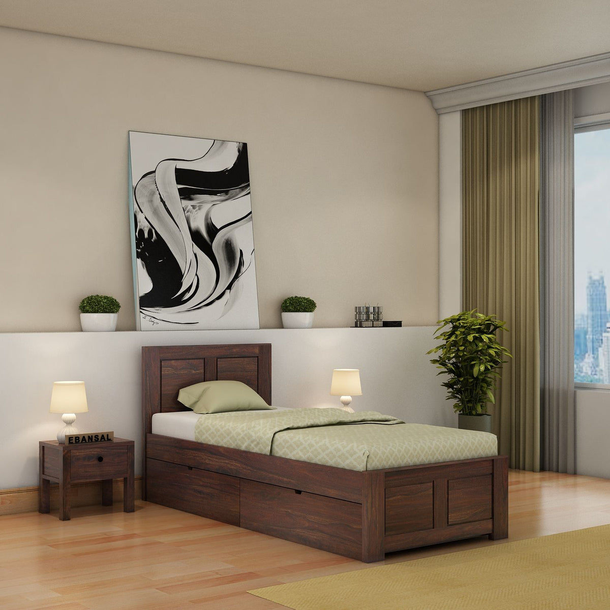 Woodwing Solid Sheesham Wood Single Bed With Two Drawers (Walnut Finish)