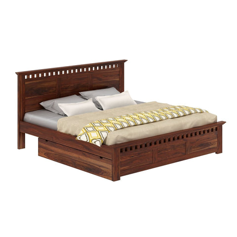 Amer Solid Sheesham Wood Bed With Two Drawers (Queen Size, Natural Finish)