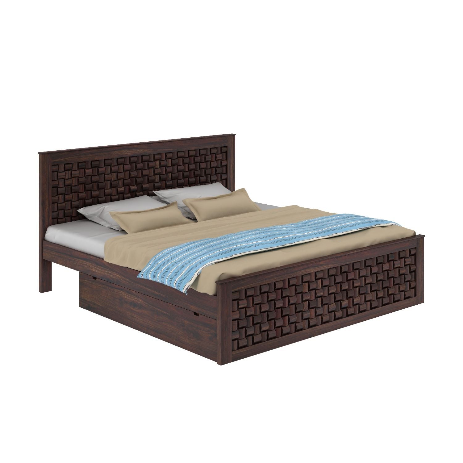 Olivia Solid Sheesham Wood Bed With Two Drawers (Queen Size, Walnut Finish)