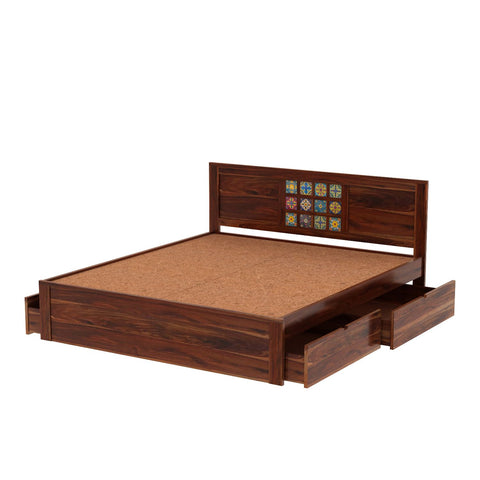 Dotwork Solid Sheesham Wood Bed With Four Drawers (Queen Size, Natural Finish)