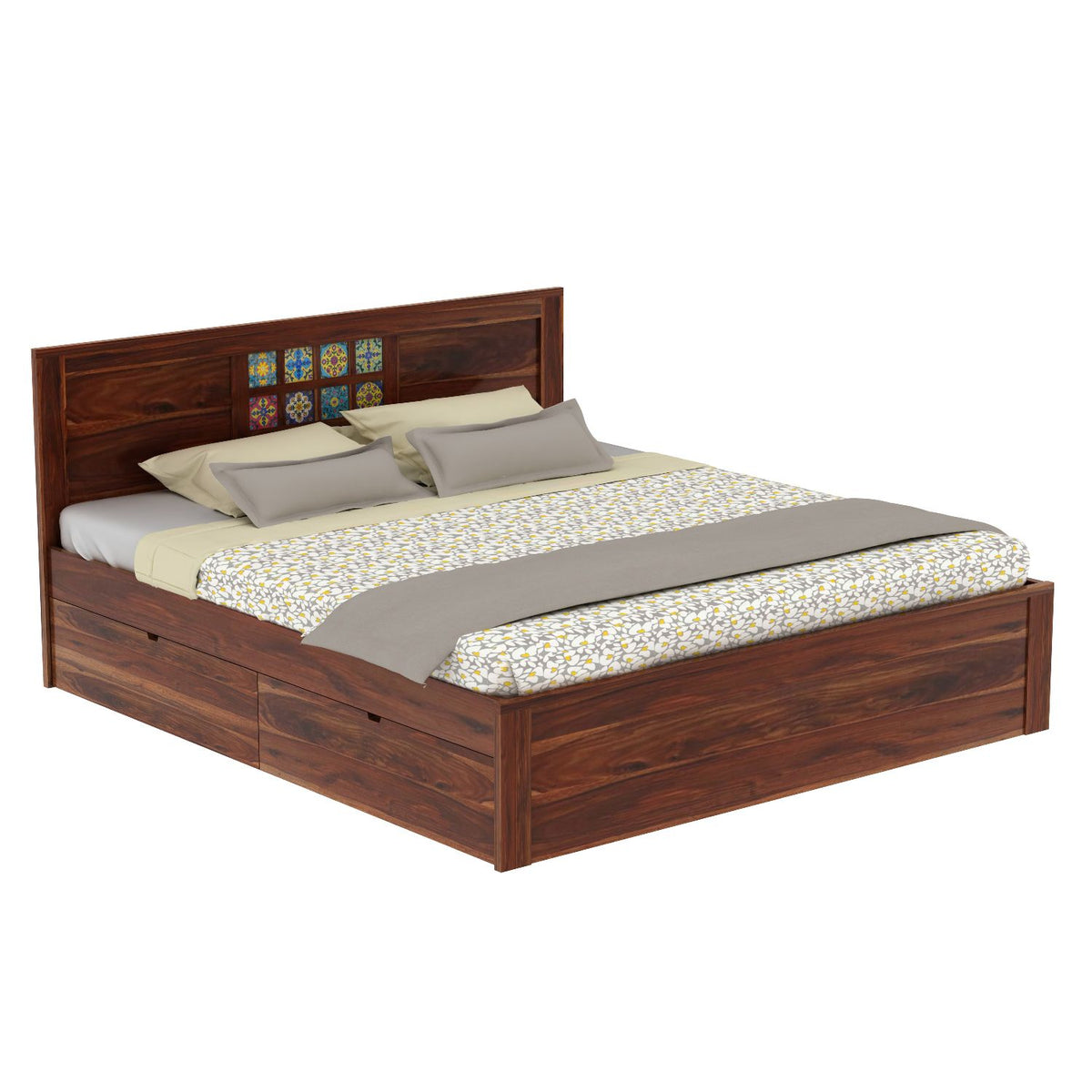 Dotwork Solid Sheesham Wood Bed With Four Drawers (King Size, Natural Finish)