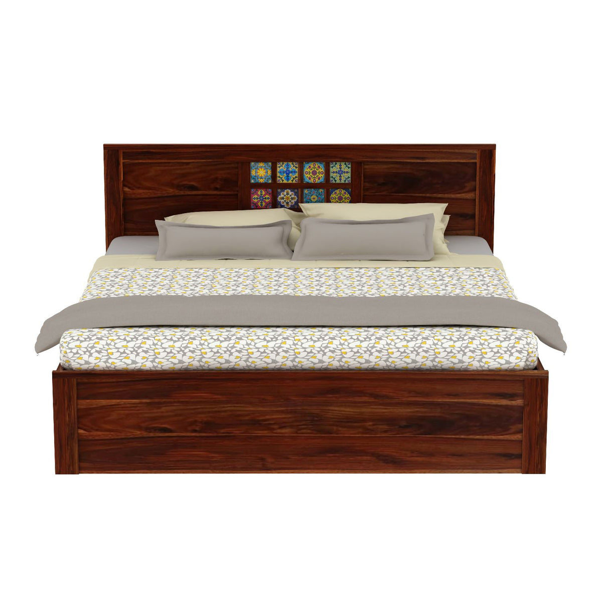 Dotwork Solid Sheesham Wood Bed With Four Drawers (King Size, Natural Finish)
