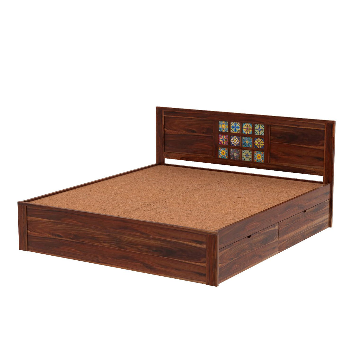 Dotwork Solid Sheesham Wood Bed With Four Drawers (King Size, Natural Finish)