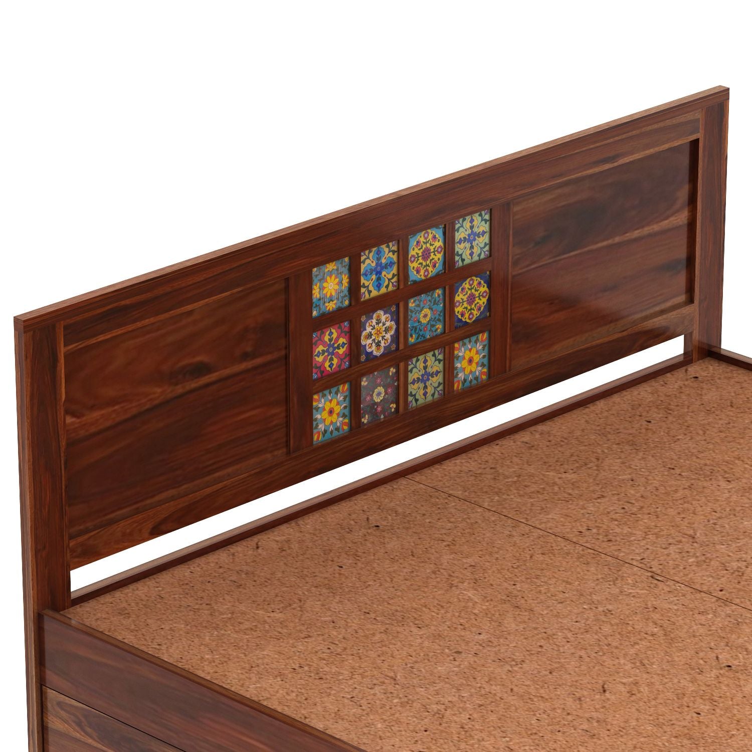 Dotwork Solid Sheesham Wood Bed With Four Drawers (King Size, Natural Finish)