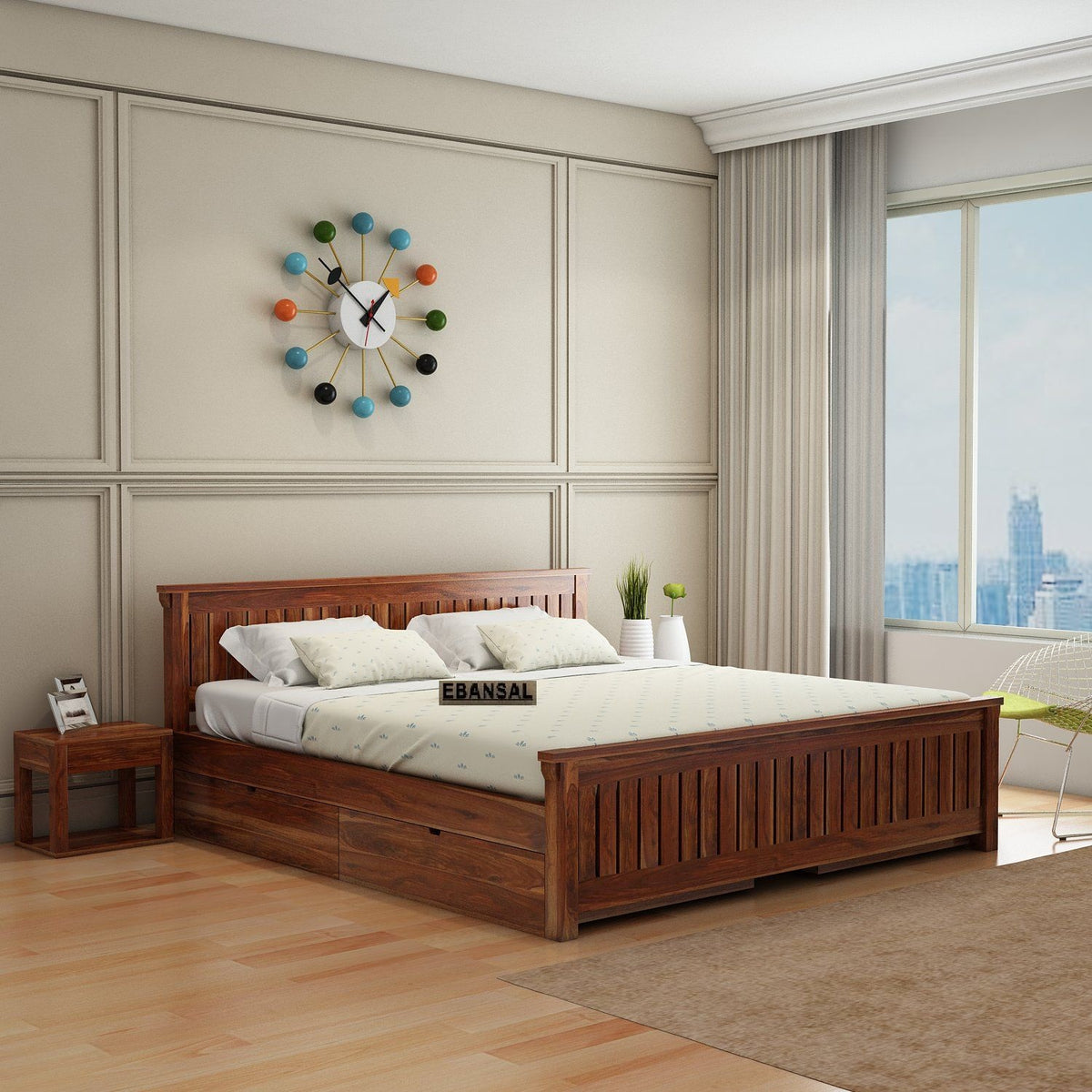 Trinity Solid Sheesham Wood Bed With Four Drawers (Queen Size, Natural Finish)