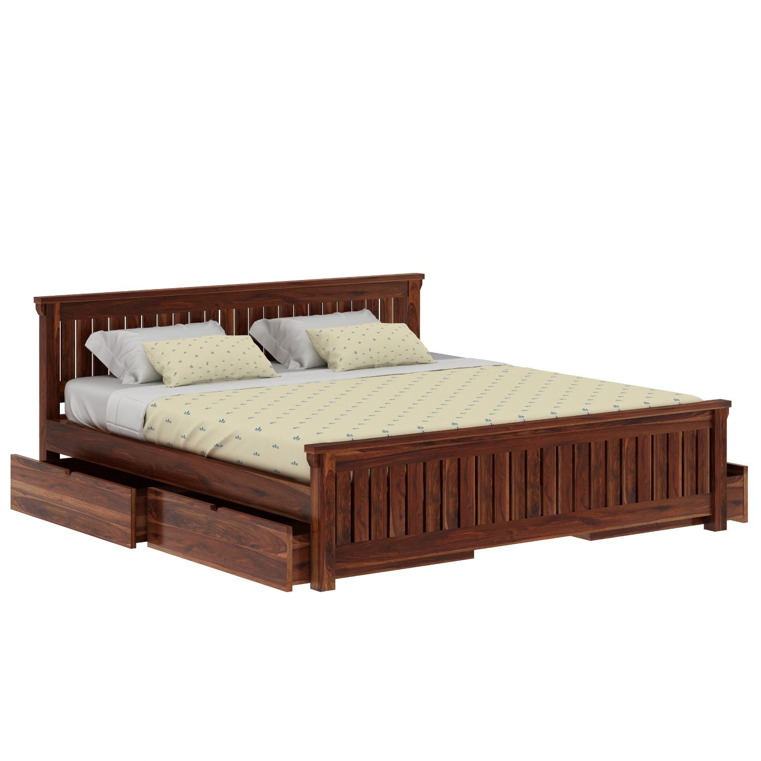 Trinity Solid Sheesham Wood Bed With Four Drawers (Queen Size, Natural Finish)