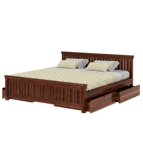 Trinity Solid Sheesham Wood Bed With Four Drawers (Queen Size, Natural Finish)