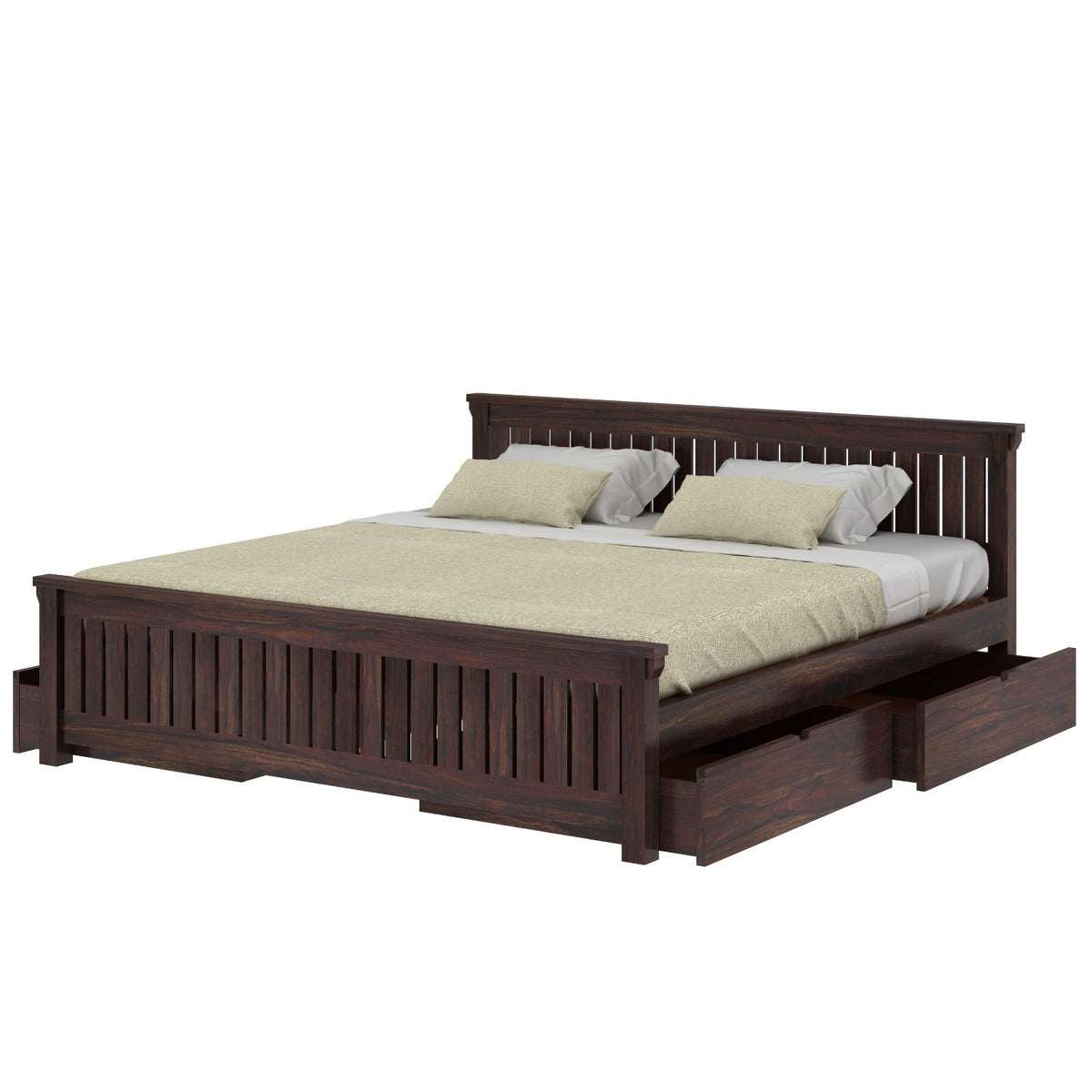 Trinity Solid Sheesham Wood Bed With Four Drawers (King Size, Walnut Finish)