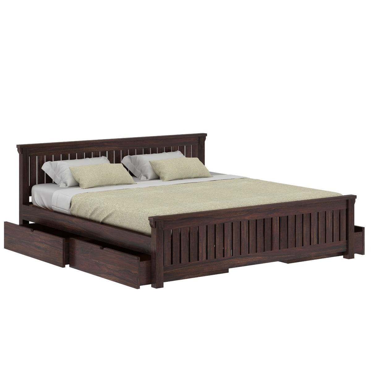 Trinity Solid Sheesham Wood Bed With Four Drawers (King Size, Walnut Finish)
