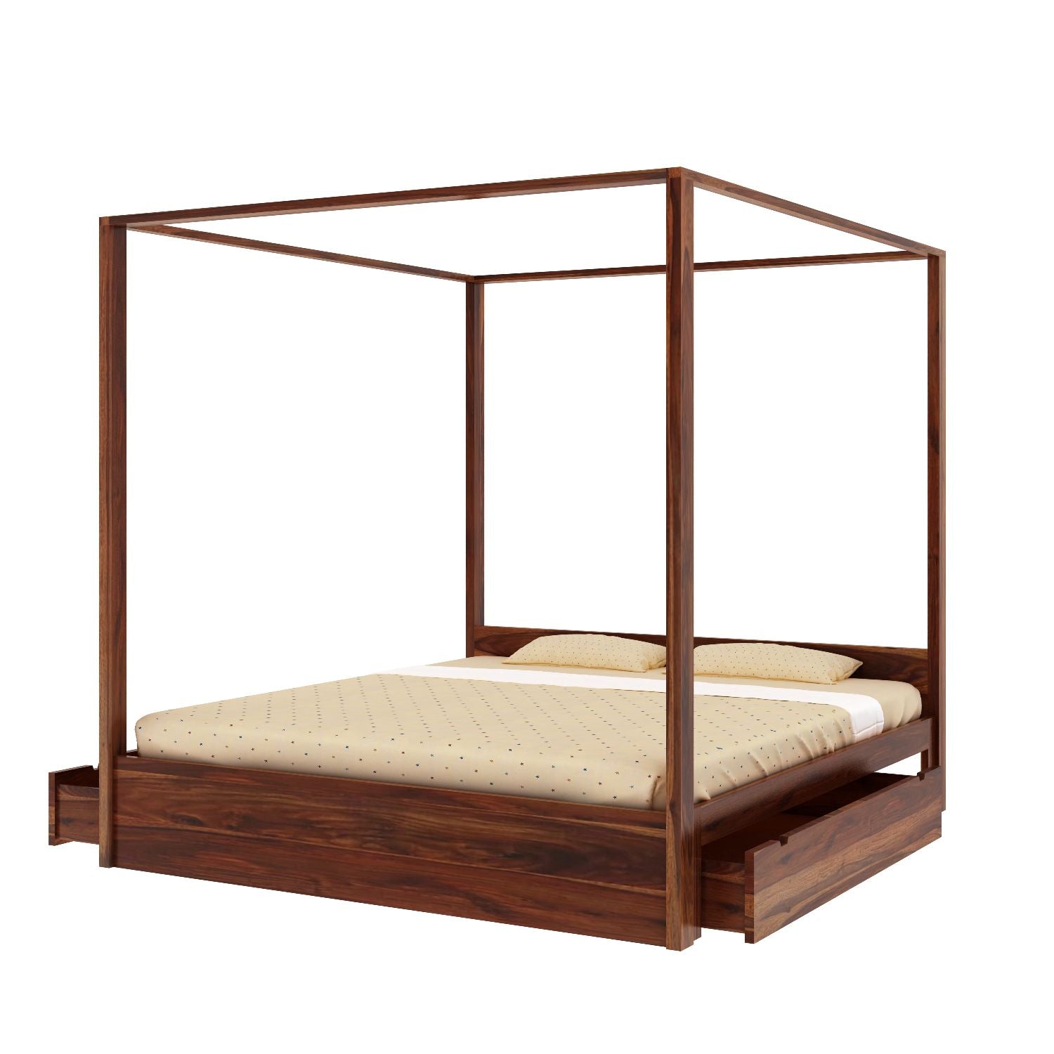 Solivo Solid Sheesham Wood Poster Bed With Two Drawers (King Size, Natural Finish)