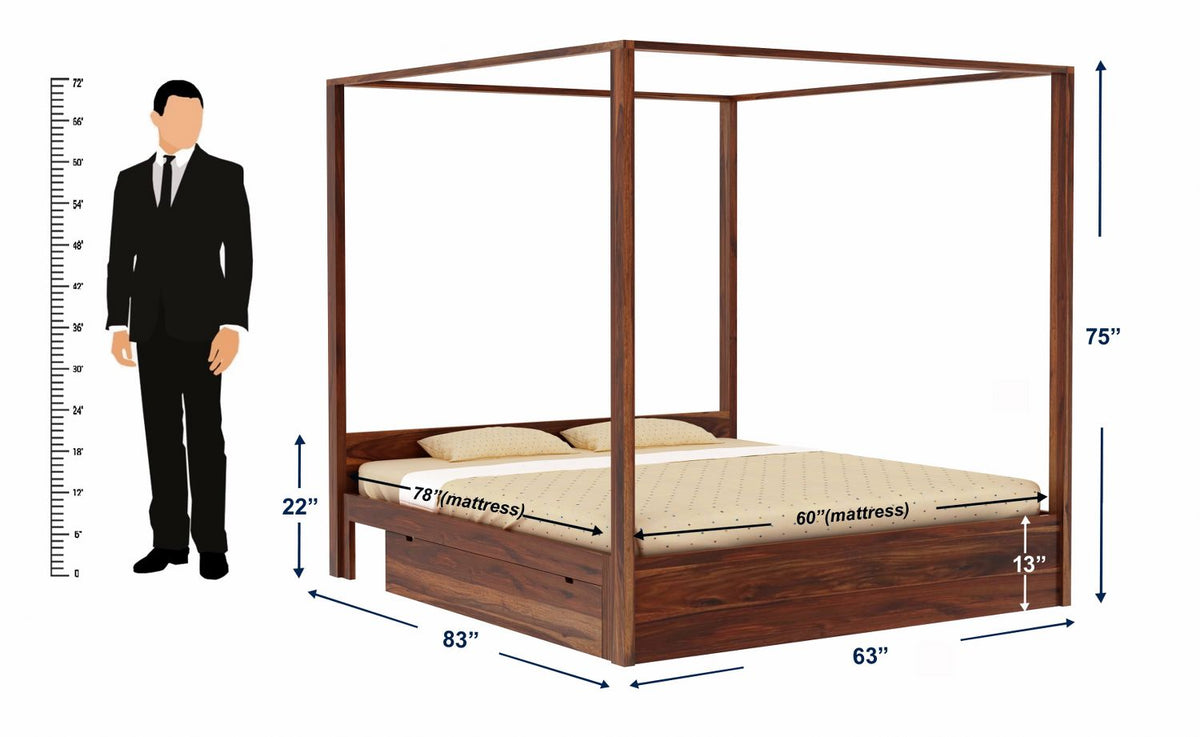 Solivo Solid Sheesham Wood Poster Bed With Two Drawers (Queen Size, Natural Finish)