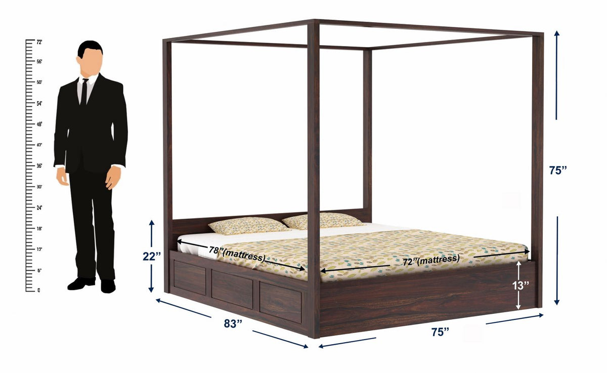 Solivo Solid Sheesham Wood Hydraulic Poster Bed With Box Storage (King Size, Walnut Finish)
