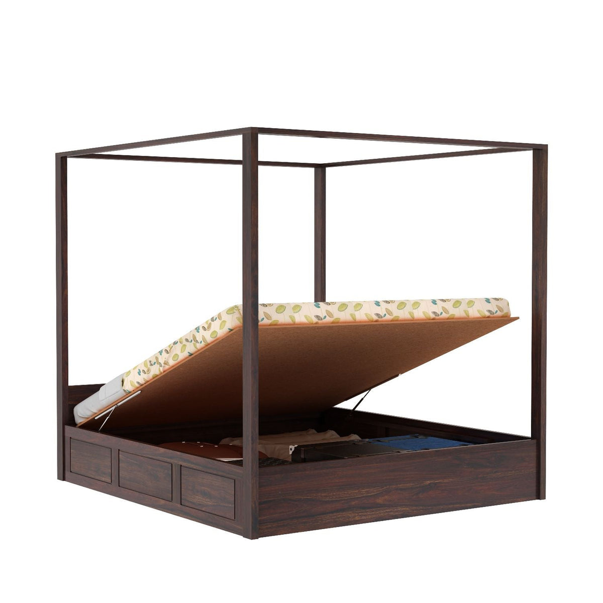 Solivo Solid Sheesham Wood Hydraulic Poster Bed With Box Storage (Queen Size, Walnut Finish)