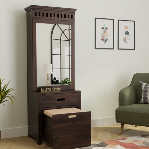 Amer Solid Sheesham Wood Dressing Table With Storage Stool (Walnut Finish)