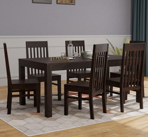 Minimal Solid Sheesham Wood 6 Seater Dining Set (Plan Chairs, Walnut Finish)