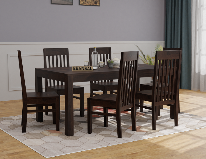 Minimal Solid Sheesham Wood 6 Seater Dining Table With 6 Chairs (Plan Chairs, Walnut Finish)