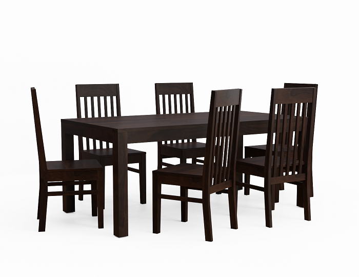 Minimal Solid Sheesham Wood 6 Seater Dining Table With 6 Chairs (Plan Chairs, Walnut Finish)