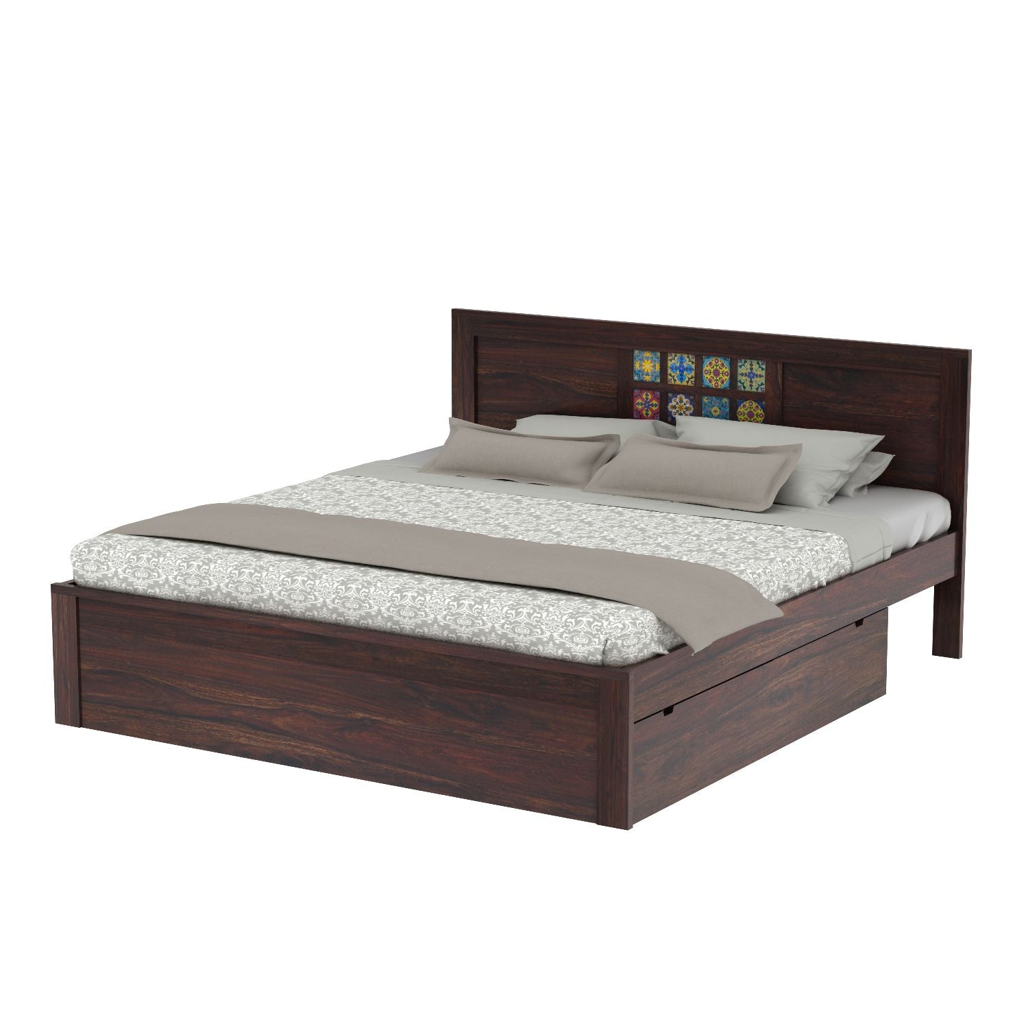 Dotwork Solid Sheesham Wood Bed With Two Drawers (King Size, Walnut Finish)