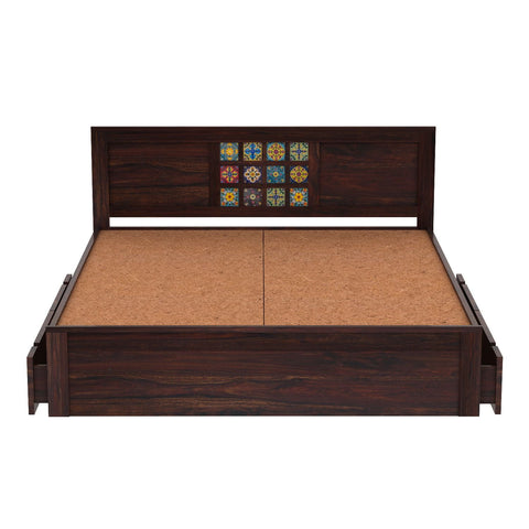 Dotwork Solid Sheesham Wood Bed With Two Drawers (Queen Size, Walnut Finish)