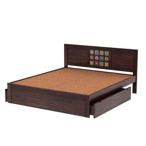 Dotwork Solid Sheesham Wood Bed With Two Drawers (King Size, Walnut Finish)