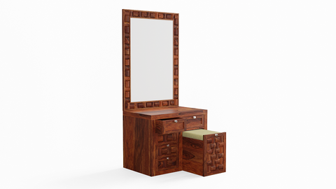 Olivia Solid Sheesham Wood Dressing Table With Stool (Natural Finish)
