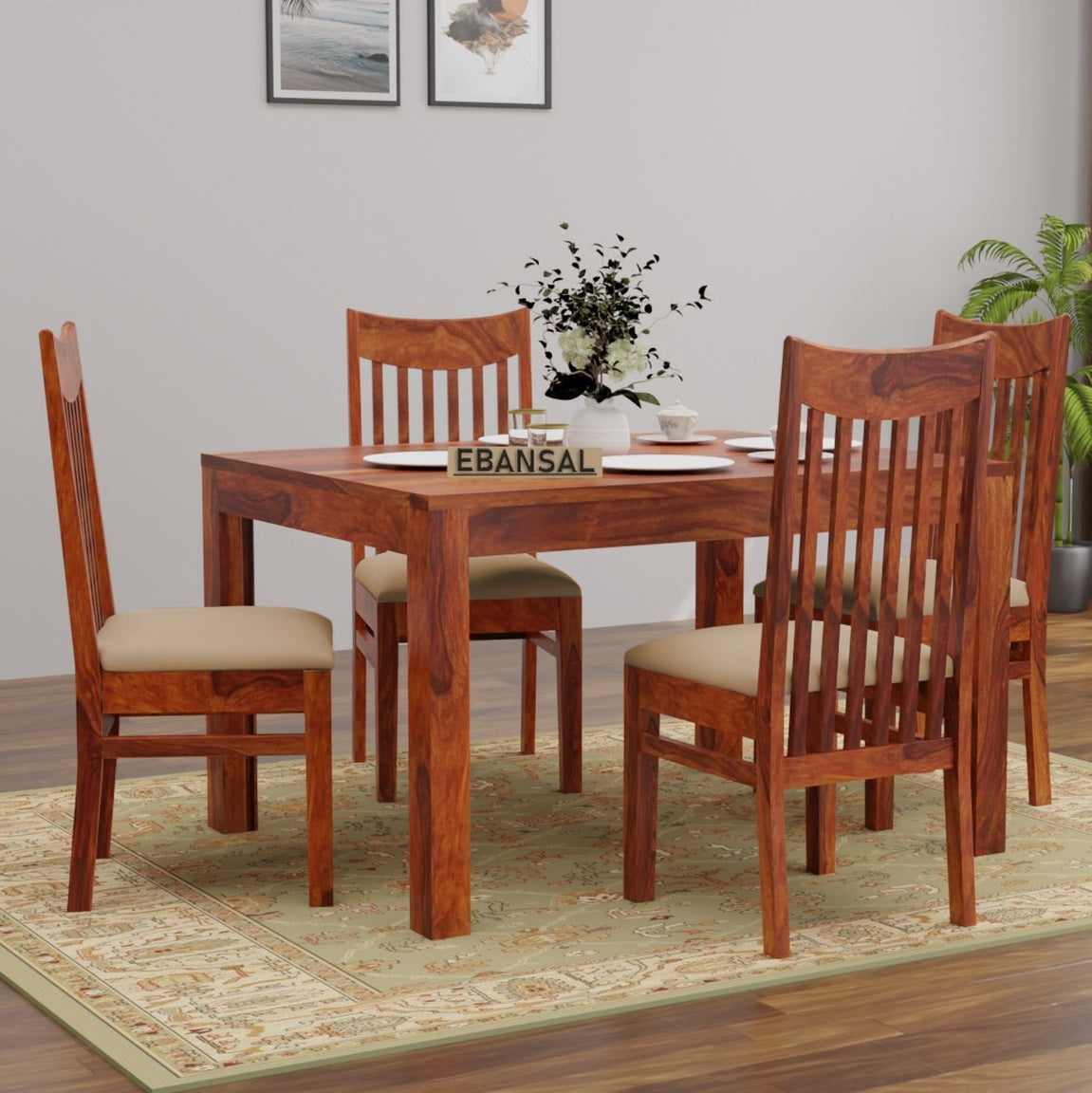 Moon Solid Sheesham Wood Four Seater Dining Set (With Cushion, Natural Finish)