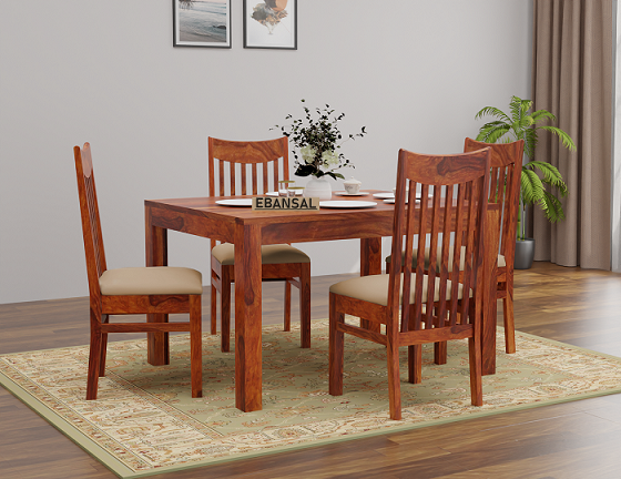Moon Solid Sheesham Wood Four Seater Dining Set (With Cushion, Natural Finish)
