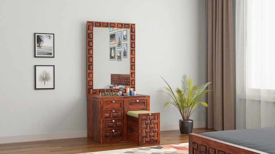 Olivia Solid Sheesham Wood Dressing Table With Stool Natural Finish eBansal Furniture