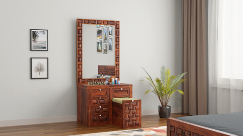 Olivia Solid Sheesham Wood Dressing Table With Stool (Natural Finish)