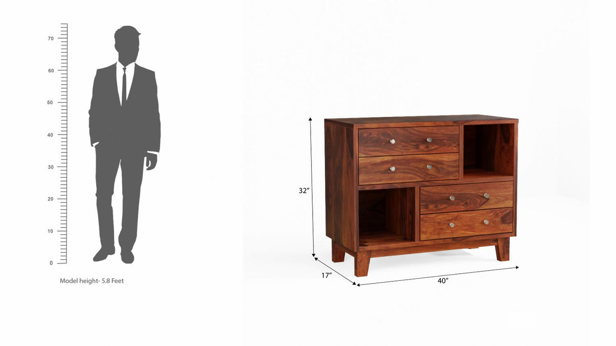Befree Solid Sheesham Wood Chest of Drawers With Shelves (Natural Finish)