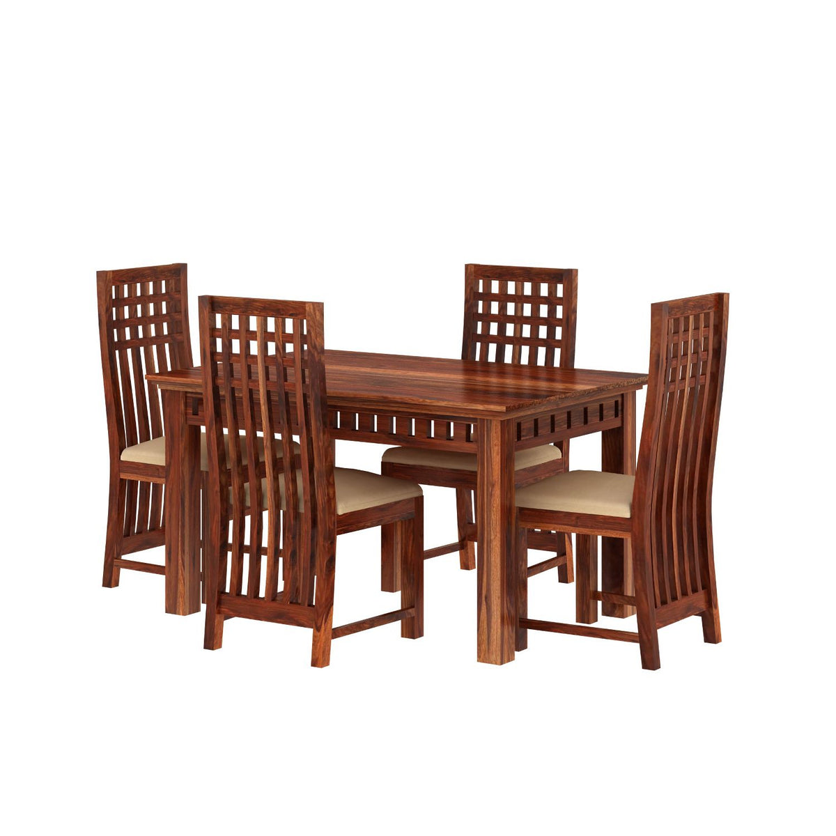 Amer Solid Sheesham Wood 4 Seater Dining Table With 4 Chairs (With Cushion, Natural Finish)
