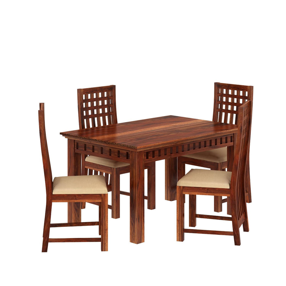 Amer Solid Sheesham Wood 4 Seater Dining Table With 4 Chairs (With Cushion, Natural Finish)