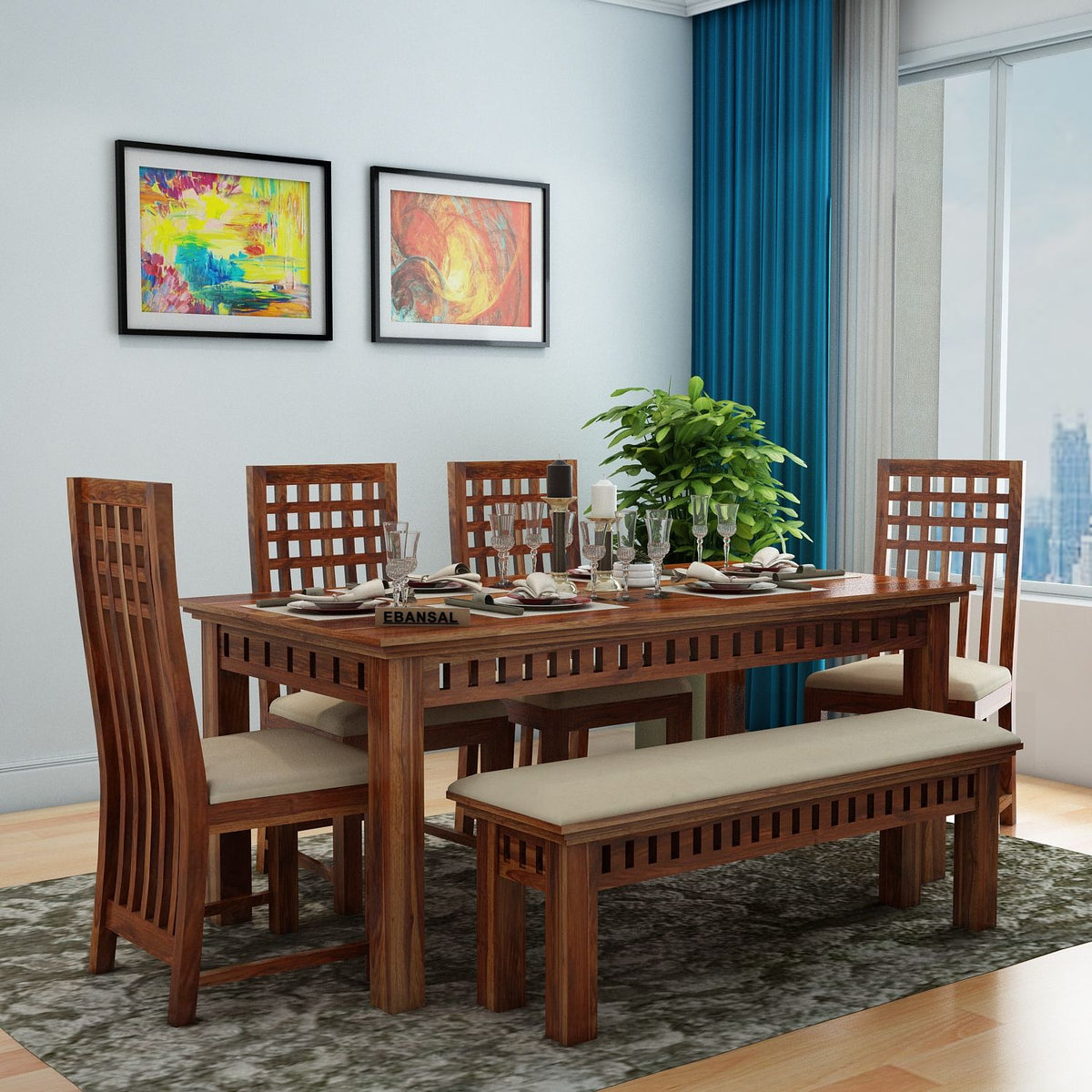 Amer Solid Sheesham Wood 6 Seater Dining Set With Bench (With Cushion, Natural Finish)