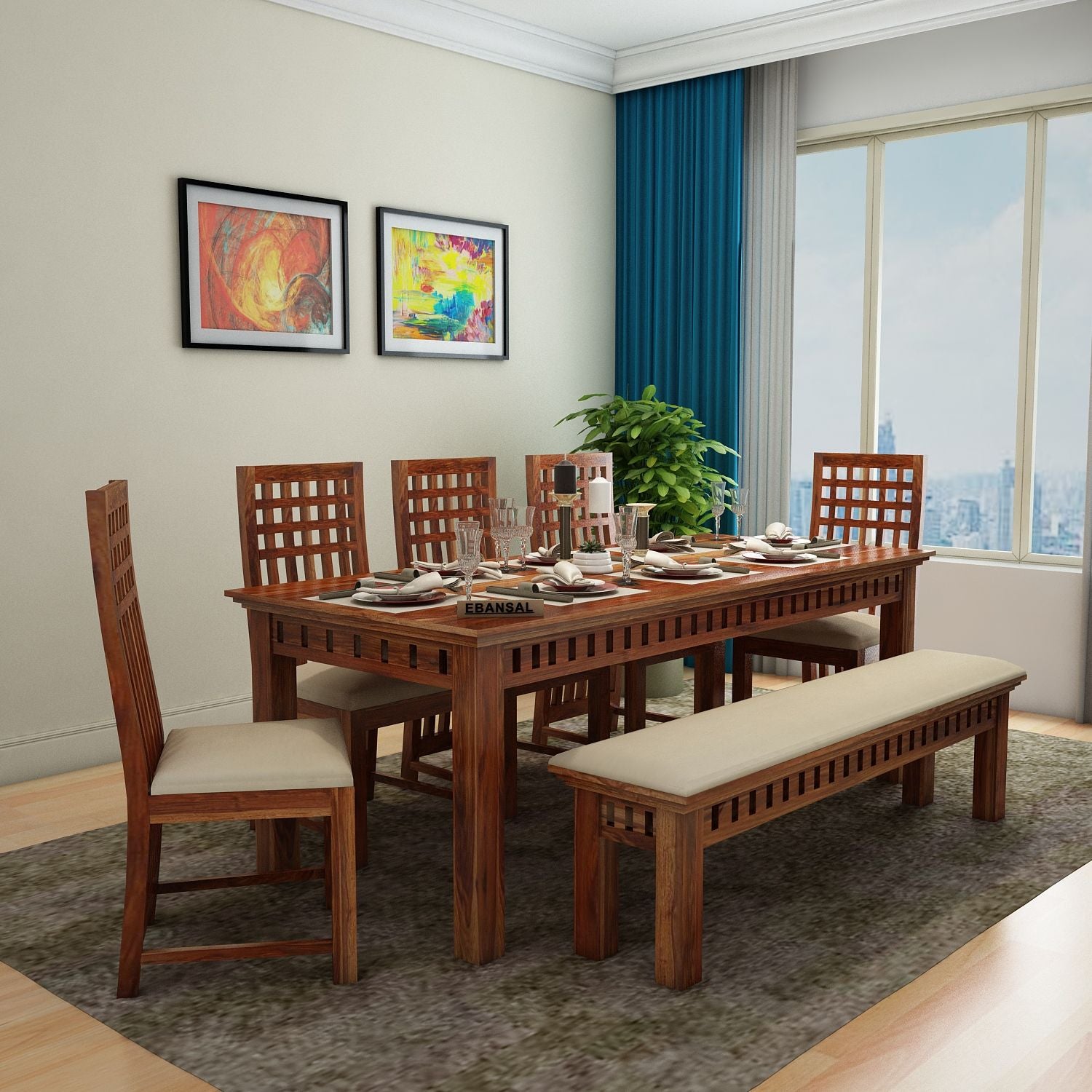 Amer Solid Sheesham Wood 8 Seater Dining Set With Bench (With Cushion, Natural Finish)