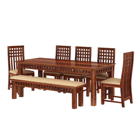 Amer Solid Sheesham Wood 8 Seater Dining Set With Bench (With Cushion, Natural Finish)