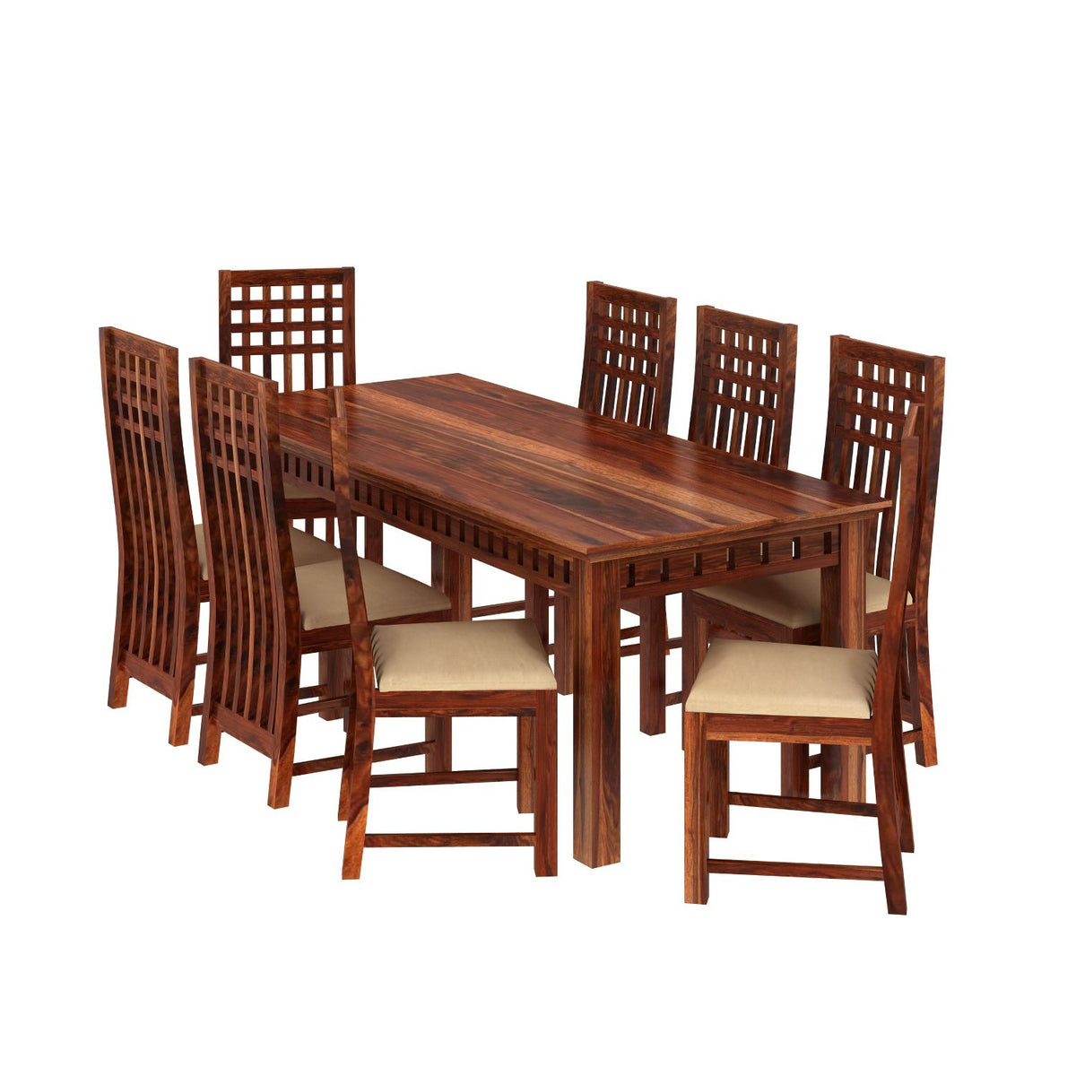 Amer Solid Sheesham Wood 8 Seater Dining Table With 8 Chairs (With Cushion, Natural Finish)