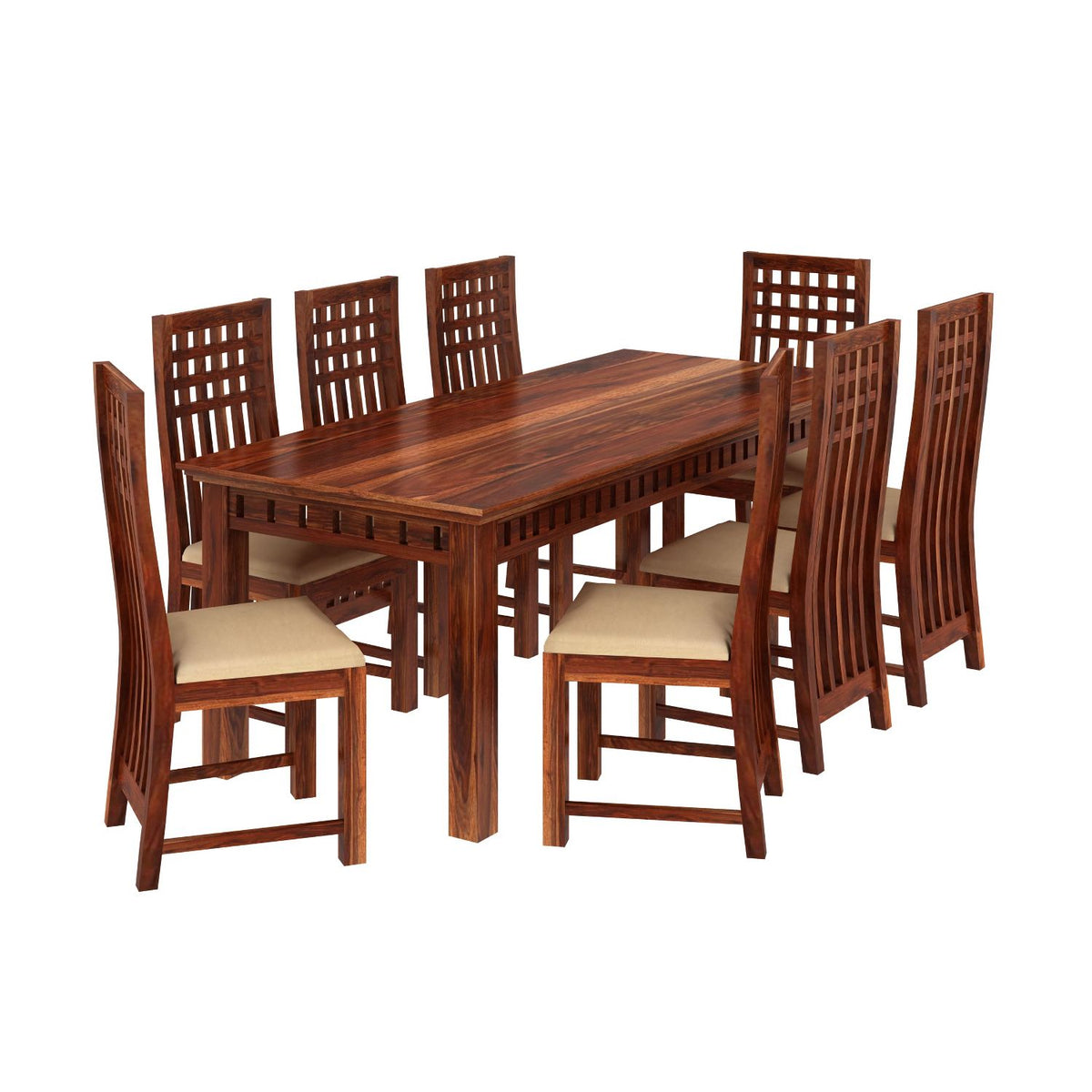 Amer Solid Sheesham Wood 8 Seater Dining Table With 8 Chairs (With Cushion, Natural Finish)