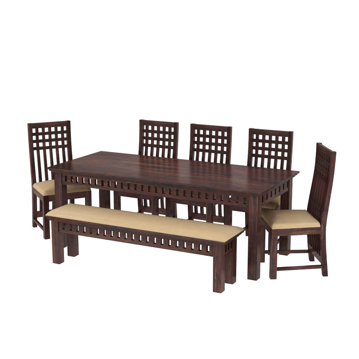 Amer Solid Sheesham Wood 8 Seater Dining Table With 5 Chairs And 1 Bench (With Cushion, Walnut Finish)
