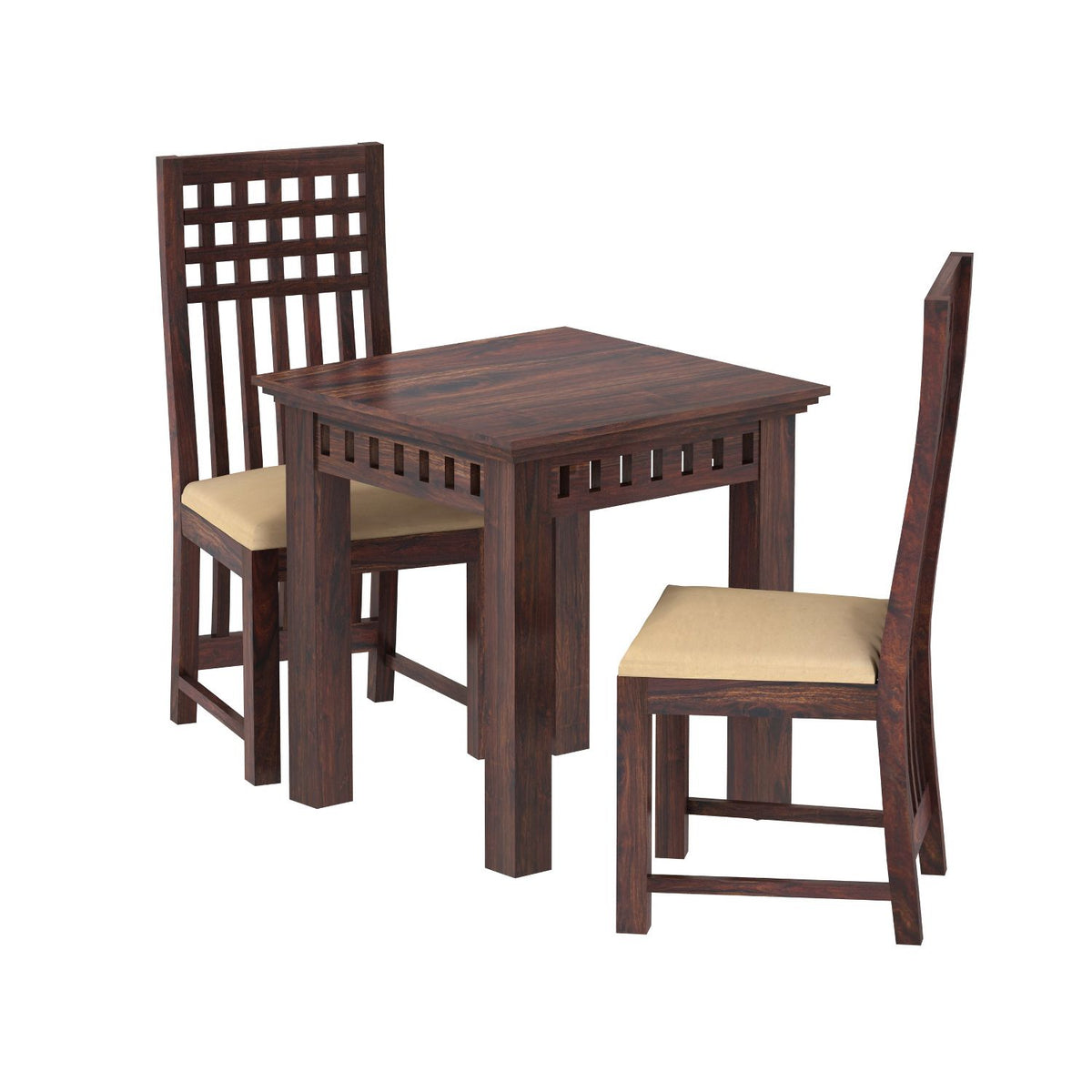 Amer Solid Sheesham Wood 2 Seater Dining Table With 2 Chairs (With Cushion, Walnut Finish)