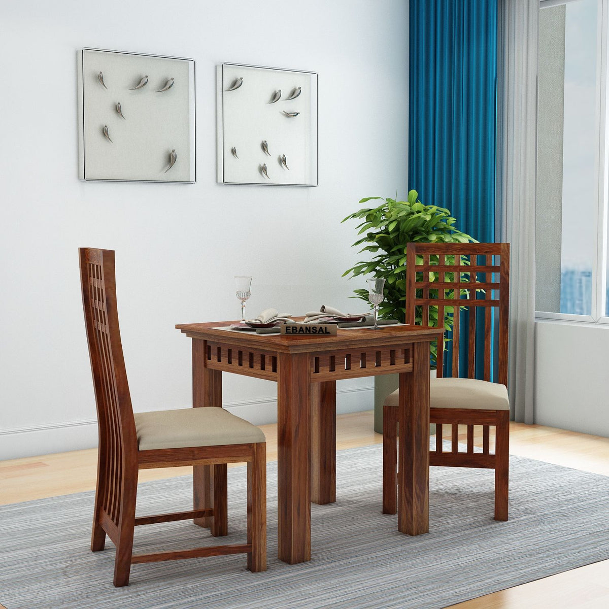 Amer Solid Sheesham Wood 2 Seater Dining Set (With Cushion, Natural Finish)