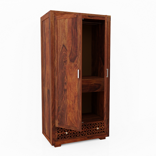 Monstro Solid Sheesham Wood Double Door Wardrobe With Drawers (Natural Finish)