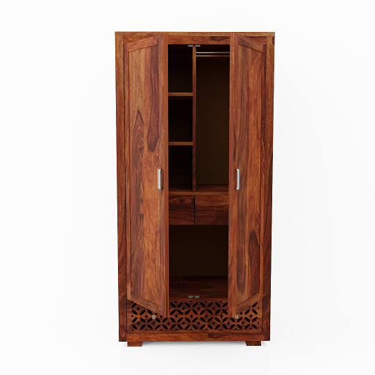 Monstro Solid Sheesham Wood Double Door Wardrobe With Drawers (Natural Finish)