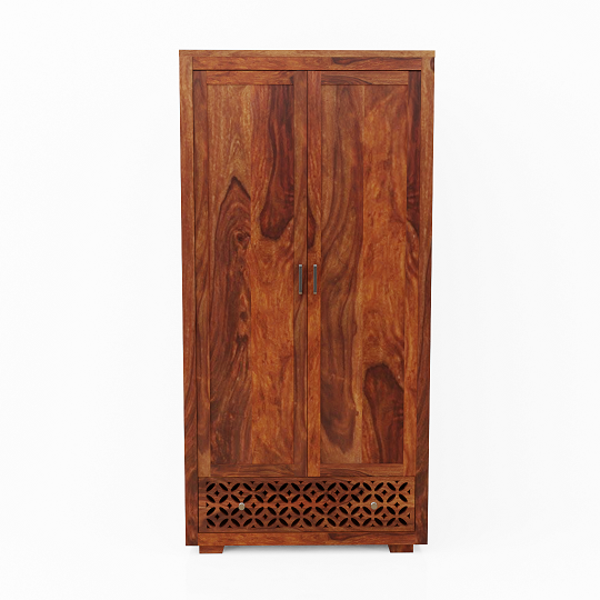 Monstro Solid Sheesham Wood Double Door Wardrobe With Drawers (Natural Finish)