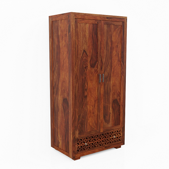Monstro Solid Sheesham Wood Double Door Wardrobe With Drawers (Natural Finish)