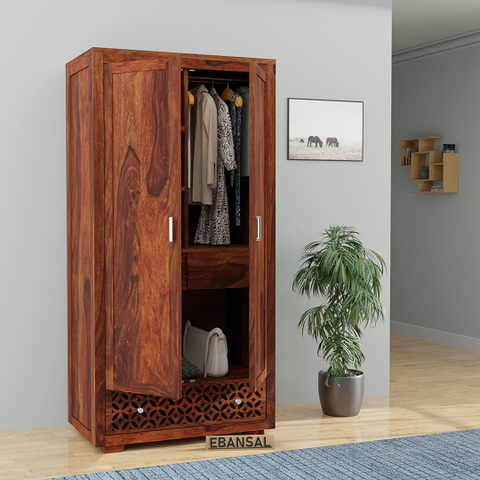Monstro Solid Sheesham Wood Double Door Wardrobe With Drawers (Natural Finish)