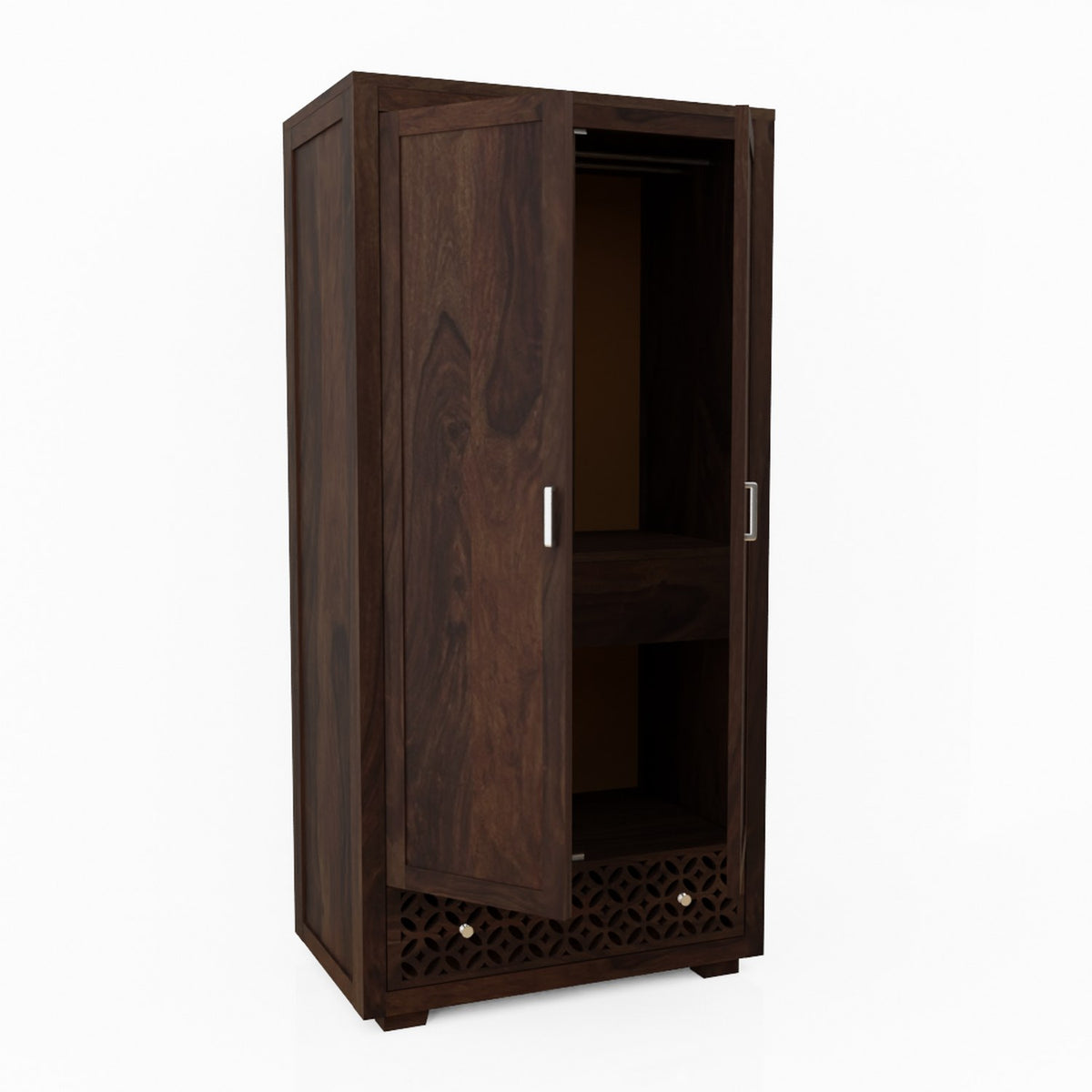 Monstro Solid Sheesham Wood Double Door Wardrobe With Drawers (Walnut Finish)