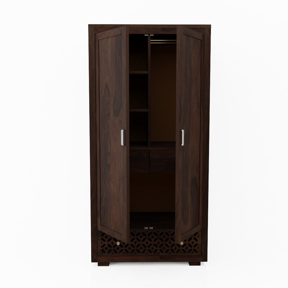 Monstro Solid Sheesham Wood Double Door Wardrobe With Drawers (Walnut Finish)