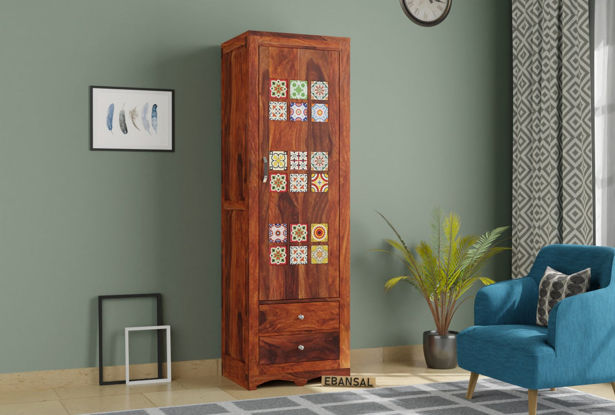 Dotwork Solid Sheesham Wood Single Door Wardrobe (Natural Finish)