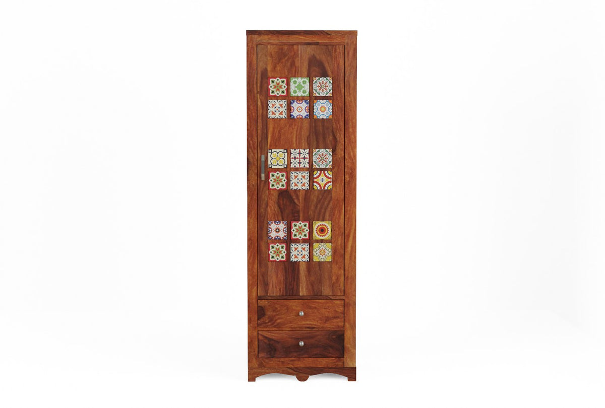 Dotwork Solid Sheesham Wood Single Door Wardrobe (Natural Finish)