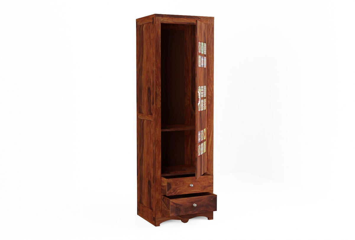 Dotwork Solid Sheesham Wood Single Door Wardrobe (Natural Finish)